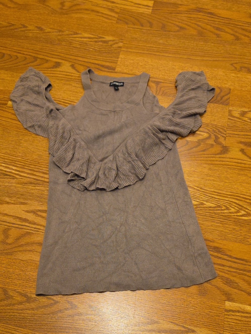 Express Taupe Ruffle Cold-Shoulder Knit Tank